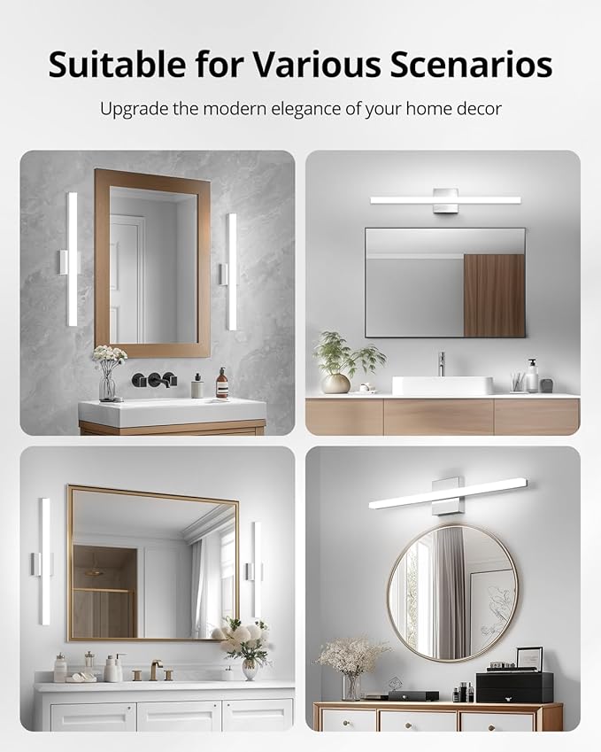 Combuh LED Bathroom Vanity Light Bar Dimmable IP44 Over Mirror Lighting Fixture 24Inch Wall Sconces Indoor 14W Modern Cool White 6000K Chrome