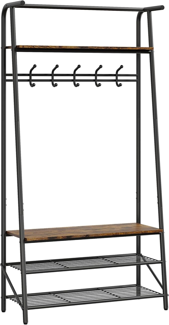 3-in-1 Hall Tree Coat Rack with Bench & Shoe Storage – Sturdy Metal Frame, 5 Hooks, Clothes Rail – Entryway Organizer for Hallway, Mudroom, Front Door – Black & Natural – 80 Single Row Hook