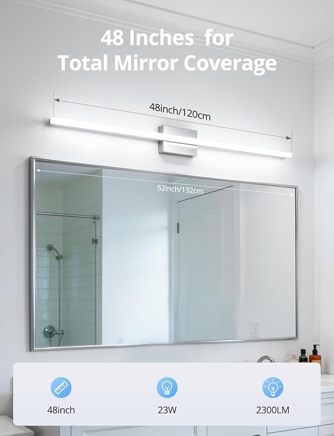 Combuh 48Inch Bathroom Vanity Light Fixtures Extra Long Lighting Bar Above Mirror, Modern Bright 23W 2300LM Wider Coverage Slim Sleek IP44 Rustproof LED Chrome Bath Wall Sconce for Makeup Cool White