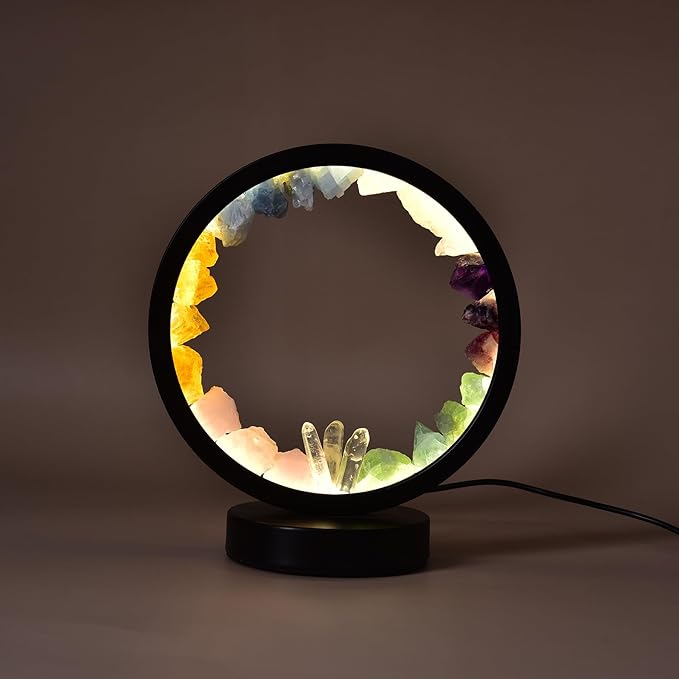 AMOYSTONE Natural Chakra Crystal Night Light with USB, Mixed Stones Round Meditation Lamp with 3-Color Control for Bedroom, Office & Home Decor (Push Button Switch)