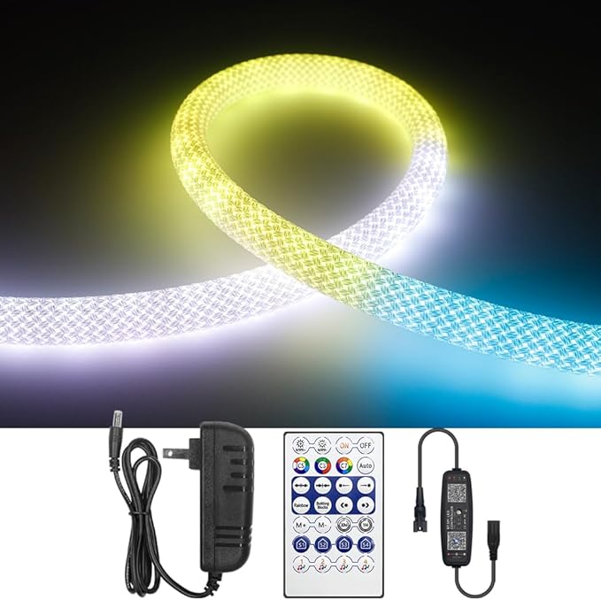 16.4FT WS2811 360 Degree Round Reticulate Super-Bright Neon LED Strip with Controller,RGB Nylon Flexible Dream Colorful Christmas Rope Light,Bedroom Indoor Outdoor Decoration,DC12V