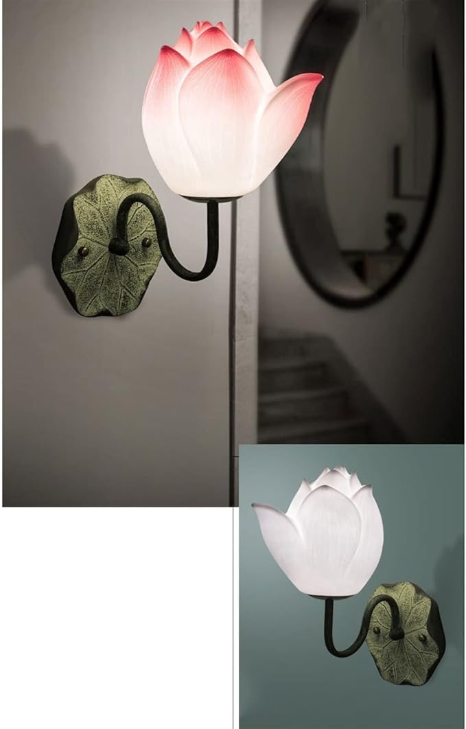 Retro Zen Wall Lamp Study Bedroom Background Lotus Decorative Bedside for Corridor, Hallway(White)