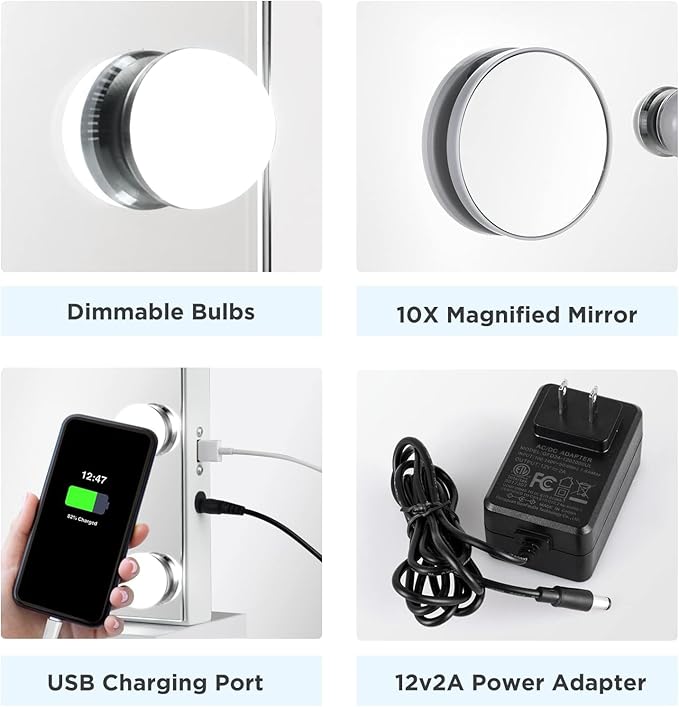 Vanity Mirror with Lights -17 Bulbs, 25" x 21" Large Hollywood Vanity Mirror, 10X Magnifying, 3 Colors Modes, Touch Control Mirror with Lights, Tabletop or Wall-Mounted, USB Charging Port