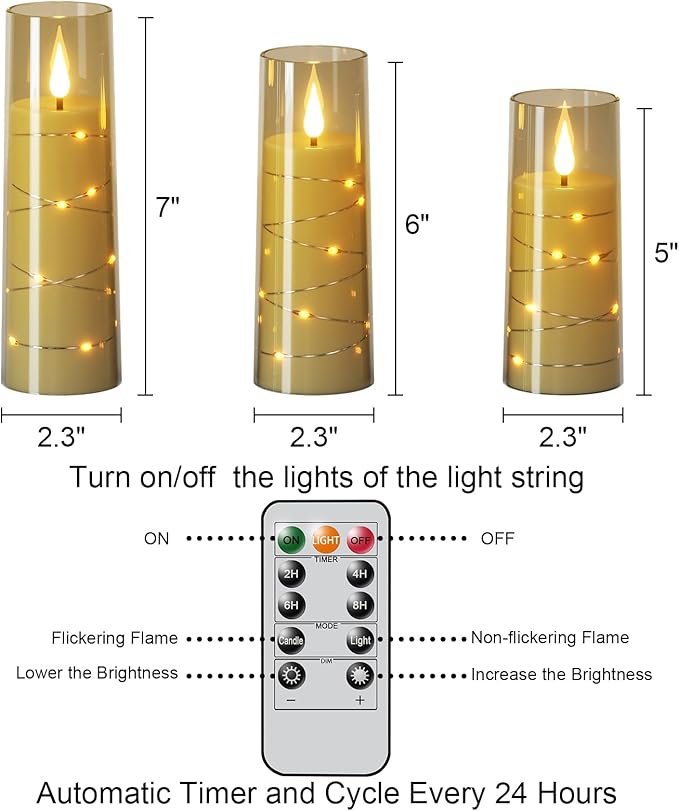 LED Candles Flickering with 2 Remote and Timer, 3 Pack Flameless Battery Operated Candles with 3D Flame and String Lights for Halloween Christmas Home Fall Fireplace Bedroom Decorations