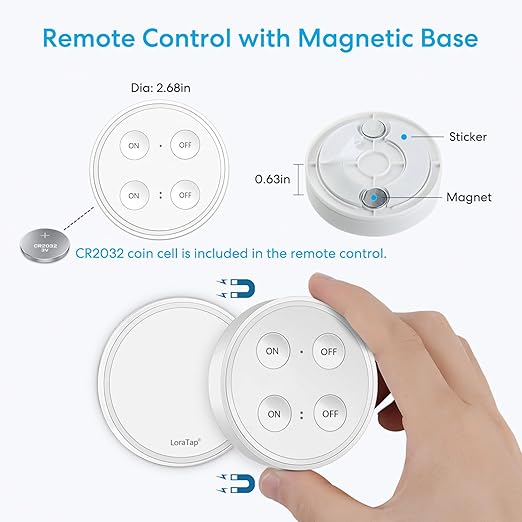 LoraTap Wireless Outlet (2 Pack) - Ergonomic Round Remote (Comfort Grip!) + Magnetic Wall Base - Stick & Grab, No Wall Damage - 15A/1875W 100ft Range - Control for Hard-to-Reach Sockets
