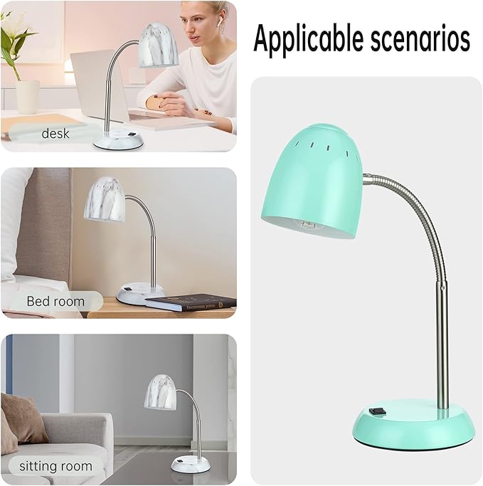 Eye-Caring Table Lamp of Simple Designs Home E26 Led Screw Basic Metal Desk Lamp with Flexible Gooseneck Hose Neck Study Lamp for Bedroom Office Living Room Convenient On/Off Switch(Green)
