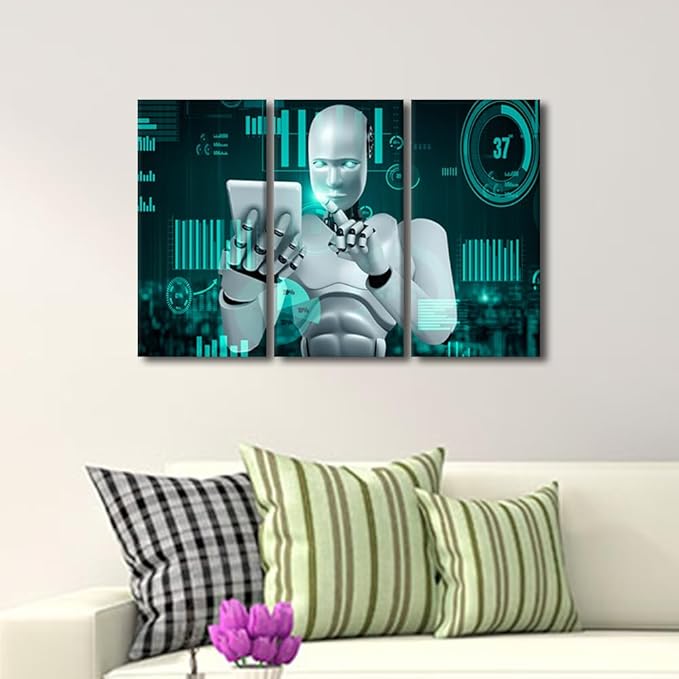 TUMOVO Robot Wall Art Canvas Print AI Intelligence Pictures Paintings Big Data Analysis Posters and Prints on Canvas Modern Artwork for Home Walls Stretched and Framed Ready to Hang, 36" Wx24 H