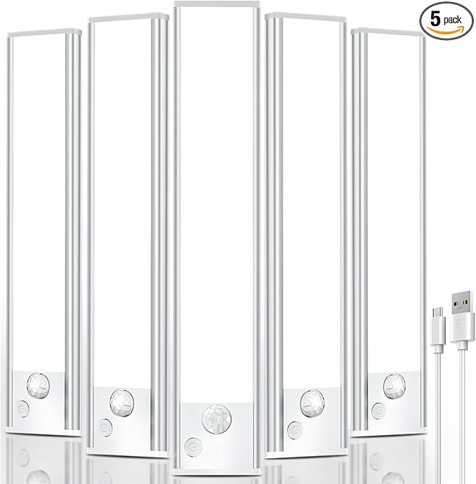 Under Cabinet Rechargeable Lighting: 12 Inch Motion Sensor Dimmable Lights Indoor - Battery Operated Lights - Wireless Closet Light Magnetic Led Light for Kitchen Home Bathroom Counter 5 Pack