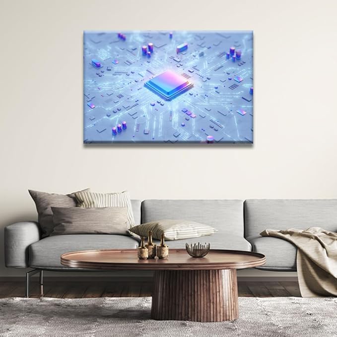 LSIUHWUWI Canvas Wall Art AI Painting Prints Canvas Motherboard Digital Chip Pictures for Bedroom Home Decor Technology Digital Age Stretched by Wooden Frame Ready to Hang 24x36 INCH