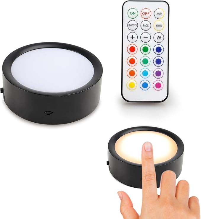 DAMI 2-Pack Rechargeable Under Cabinet Lighting Wireless, 3.3" Magnetic Puck Lights with Remote & Tap Control, 13 RGB Colors Dimmable Stick On LED Shelf Lights for Kitchen, Showcase, Rental Friendly