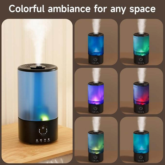 Humidifiers for Bedroom, 3.2L Quiet Ultrasonic Cool Mist Humidifier with 360° Nozzle, 18H Runtime, Timer (1/2/4/8H), Auto Shut-Off, 7-Color RGB Light, Adjustable Mist, for Home, Nursery & Plants