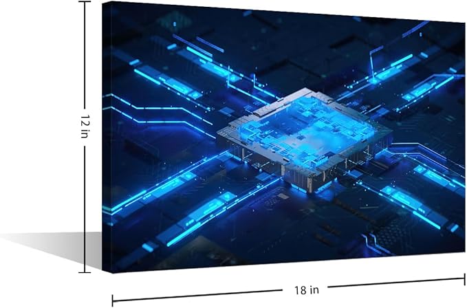 TUMOVO Canvas Art Wall Decor CPU Concept Bedroom Wall Art Pictures for Living Room Digital Chip Wall Painting Central Computer Processors Modern Wall Art Stretched and Framed Ready to Hang 18x12in