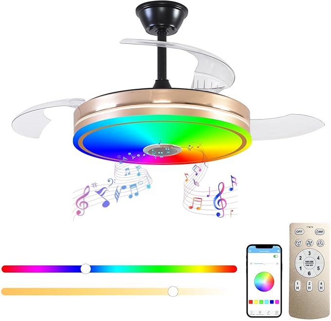 Retractable Ceiling Fan with Lights, 42 inch Ceiling Fan with Light and Remote, Low Profile Bladeless Fan for Bedroom Living Room