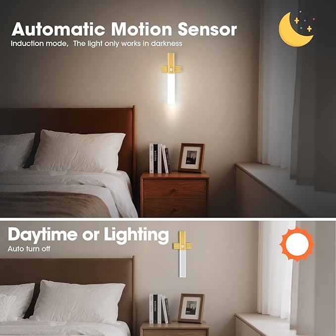 LAVAED Motion Sensor Lights Indoor,LED Rechargeable Battery Operated Wall Sconce Magnetic Stairway Night Light Wireless Portable Decor Lighting for Bedroom, Hallway, Picture,6000K Strip Base 2Pack
