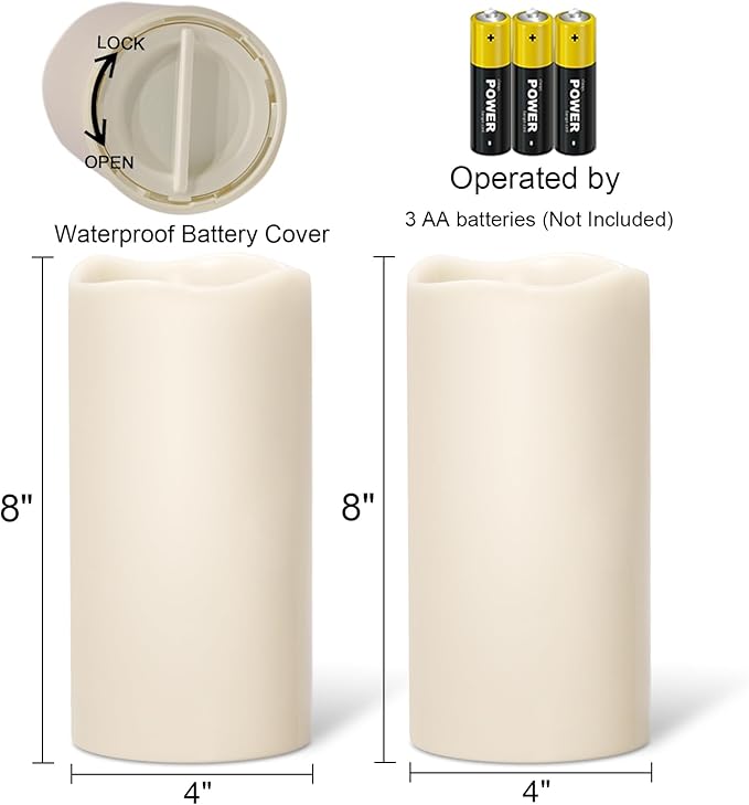 Outdoor Candles Waterproof, 8” x 4” Large Battery Operated Candles with Remote Timer, Pillar Flameless Outdoor Candle Flickering for Lartern Porch Patio Gardern Decor(Set of 2)