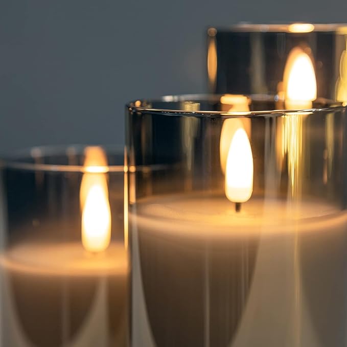 Grey Glass Flameless Candles with Timer - Battery Operated Candles with 10-Key Remote, Real Wax LED Flickering Pillar Candles for Home Decoration, D3 H 4" 5" 6", Set of 3