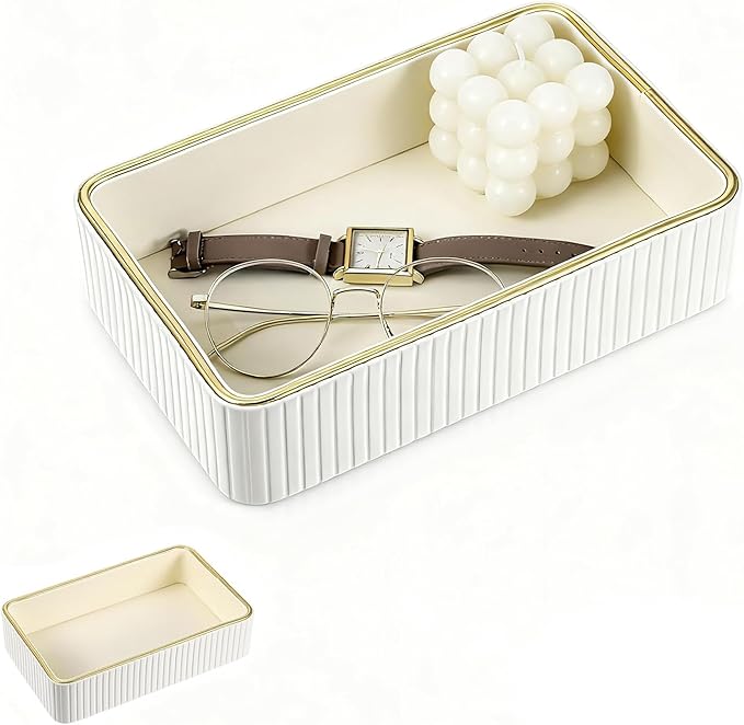 Rectangular Leather Nightstand Organizer & Bedside Table Organizer - Women's Purse Bowl, 9.5x2.2x6 Inches Ivory White, Perfect for Storing Jewelry, Perfume & Keys on Desk