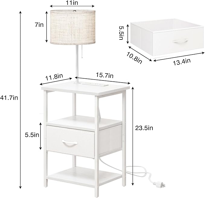 Fixwal Bedside Table with LED Lights Nightstand with 3 Color Temperatures Bulb, Tall NightStand with Charging Station End Table with Adjustable Fabric Drawer for Bedroom Dorm (White)