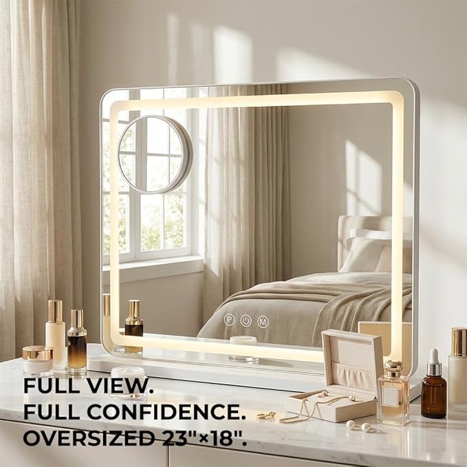Vanity Mirror with Lights 18"x23", Lighted Makeup Mirror with 3 Color Lighting Modes, 10X Magnification, Vanity Mirror Square White for Bedroom Tabletop - White