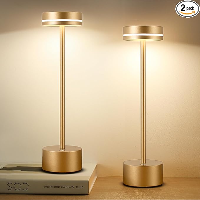 2 Pack LED Cordless Table Lamp Rechargeable, 5000mAh Portable Battery Operated Desk Touch Lamp, 3 Color Dimmable Table Light for Home Office/Dining/Nightstand for Home Décor – Champagne Gold