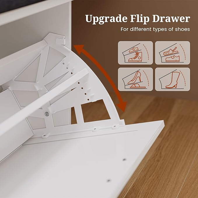 Farmhouse Storage Bench with Flip Drawers & Padded Seat Cushion, Half Hidden Shoe Rack Organizer, Adjustable Shelf Shoe Cabinet for Entryway, Bedroom, Living Room (White, 57IN)
