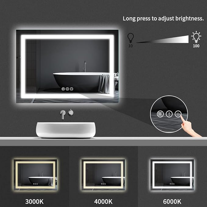 Amorho LED Bathroom Mirror, 48"x 32" with Front and Backlight, Stepless Dimmable Wall Mirrors with Anti-Fog, Shatter-Proof, Memory, 3 Colors, Double LED Vanity Mirror