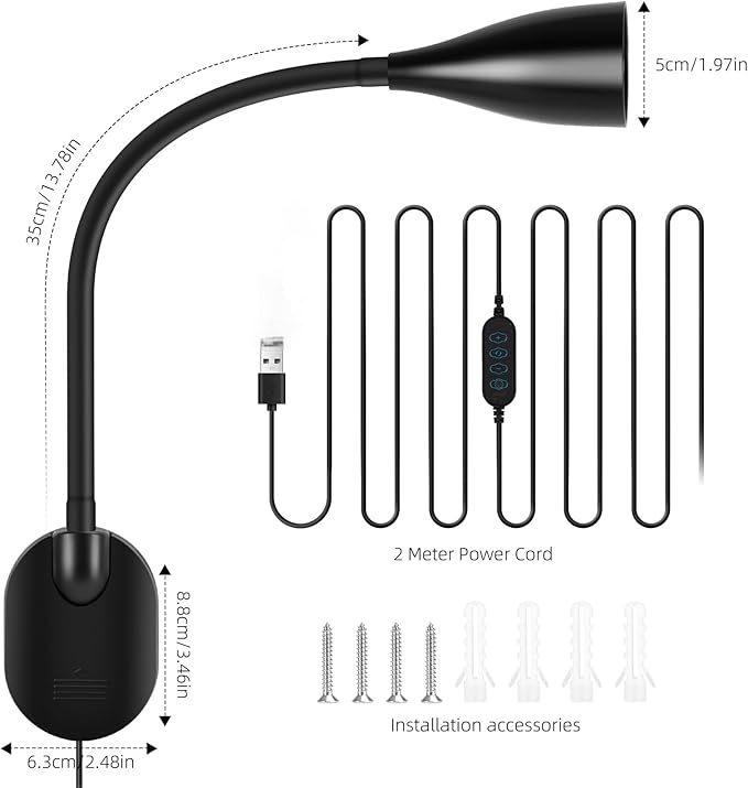 Wall-Mounted LED Bedside Reading Light with USB Charging Port, 10-Level Dimmable & Adjustable 5 Color, Plug-in Adhesive Night Lamp for Books in Bed, Eye-Caring Bedroom Lighting (Black)