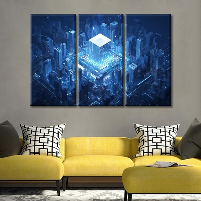 Wall Art for Living Room Large Smart City Painting Framed Abstract Cube Shape Artwork AI Advanced Circuitry Canvas Print for Living Room Bedroom Home Decorations Wall Decor 60"Wx40"H