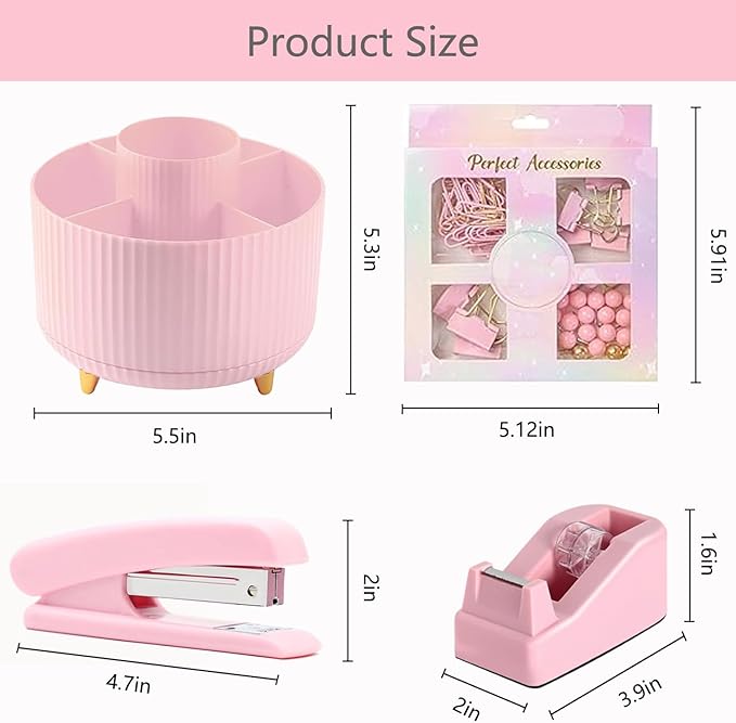 suniya Office Supplies,Desk Accessories,with Stapler,Tape Dispenser,Staple Remover,Scissor,Ballpoint Pen,Sticky Notes,Clear Tape,Staples,Desk Organizer,Ruler,Binder,Best Gift Set(Pink)