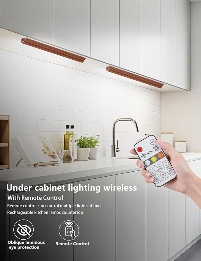 Under cabinet lighting wireless, 2400mAh rechargeable cabinet light, battery operated, magnetic, stick on, 106 LED 3-Color shelf lights, dimmable, with Remote Control(Wood color, 2-Pack 12.2inch)