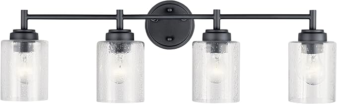 Kichler Winslow 30" 4-Light Vanity Light in a Rich Black with Clear Seeded Glass for Bathroom and Powder Room Vanity, Luxe Industrial Style, (30" x 9.25"), 45887BK