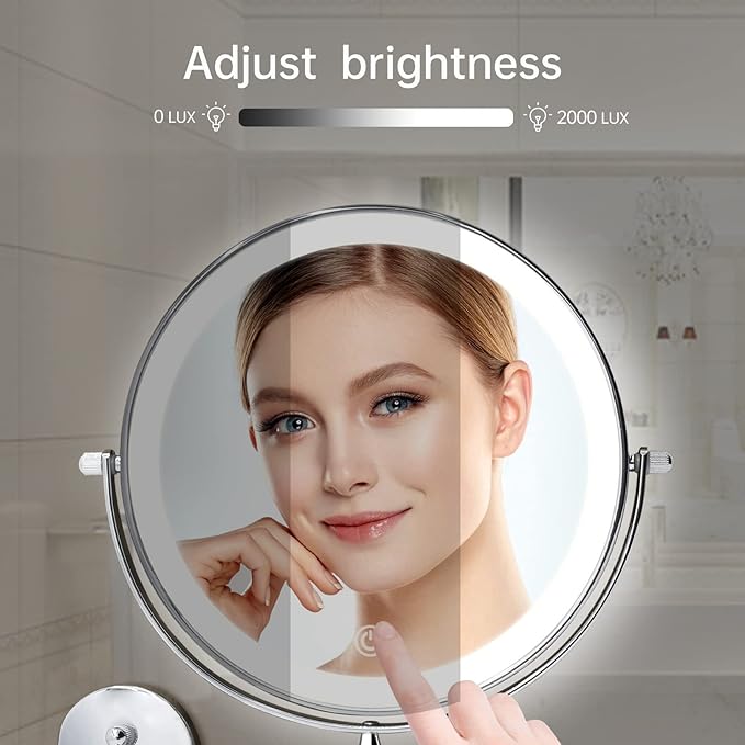 FUNTOUCH 5000mAh Rechargeable Wall Mounted Lighted Makeup Vanity Mirrors, Double Sided 1X 30X Magnifying, 3 Color Lighting, Touch Screen Dimming, Extended Arm 360 Rotation Shaving Bathroom Mirror