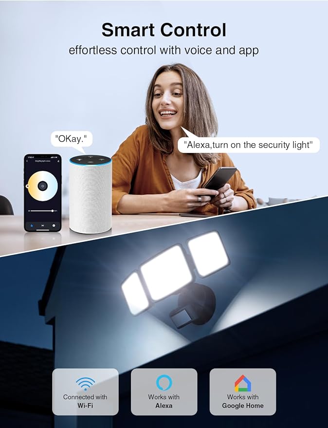 Onforu 100W 9000LM Smart LED Security Lights Motion Sensor Outdoor, WiFi Alexa Flood Light APP Control, 2500K-6500K, Motion Detector with Adjustable 3 Head, IP65 Wall Light for Yard (Black)