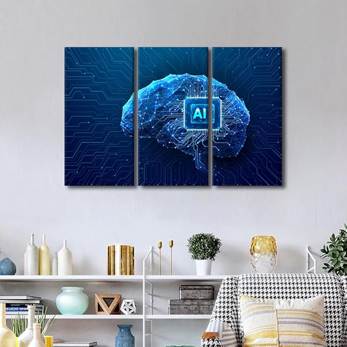 TUMOVO Wall Decorations for Living Room Chip Integral Pictures Paintings Canvas Print 3 Panels Wall Art Technology Brain Canvas Wall Art Modern Artwork Stretched and Framed Ready to Hang, 42" Wx28 H