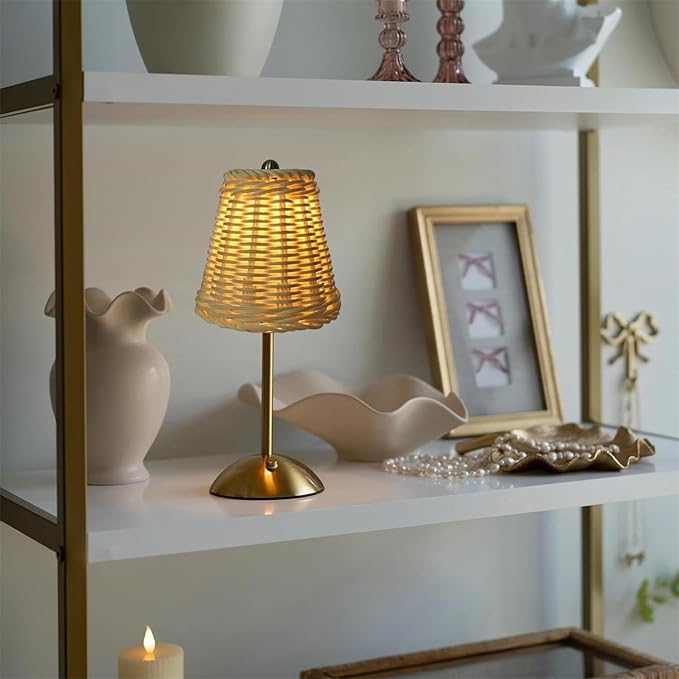 12.2 Inch Gold Rattan Lamp with Touch Dimmer, Portable Cordless Lamp, Small Rechargeable Table Lamp, 3 Color Touch Control Dimmable Bedside Lamps, Suitable for Living Room Bedroom Study