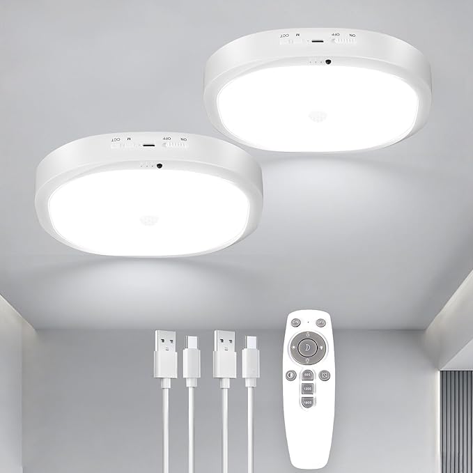 2 Packs Motion Sensor Closet Light with Remote, No Wiring Battery Operated Ceiling Light with 10000mAh, Waterproof Shower Light for Bathroom Closet Stairs Pantry