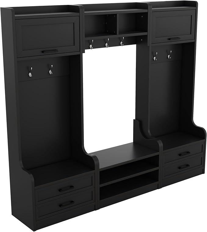 Bellemave Wide Hall Tree with Storage Bench, Wood Coat Rack with Cabinet and 7 Hooks, Mudroom Organizer with Shoes Storage Cubbies for Entryway Hallway (Black, 78" W)