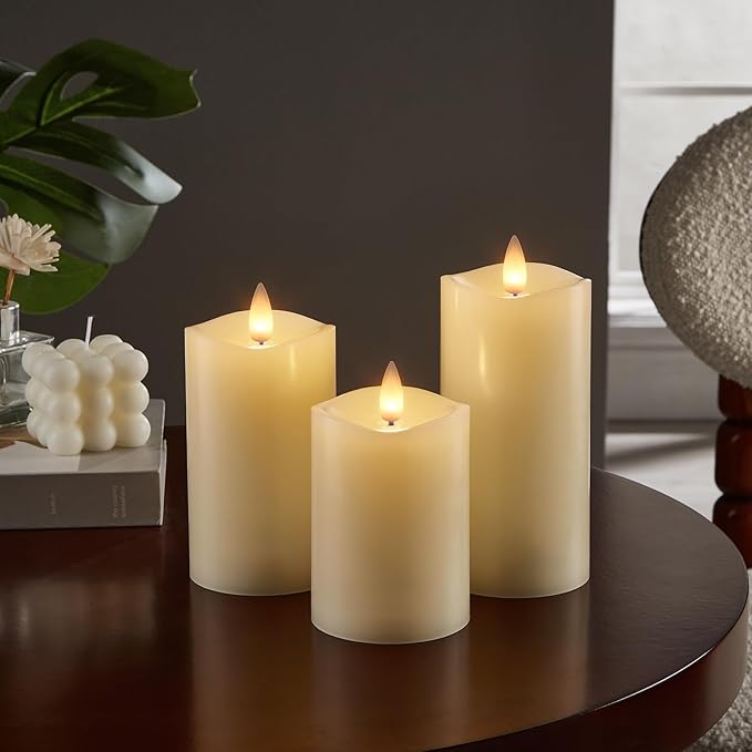 Flameless Pillar Candles Flickering with Remote Timer, Battery Operated LED Candles Up to 400 Hours, 3D Moving Flame Real Wax Candles. (Ivory Melted Top)