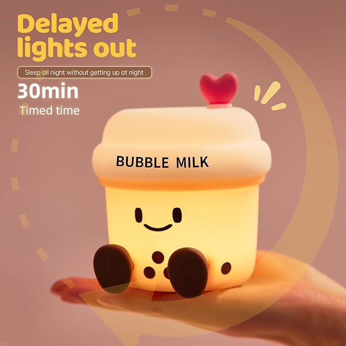 Cute Loving Bubble Milk Cup Night Light, 3-Level Dimmable Soft Light, Timed, Rechargeable, Silicone Bedside Touch Lamp, Creates a Cozy Ambiance, Ideal Decoration and Gift for Girls, Women, and Kids