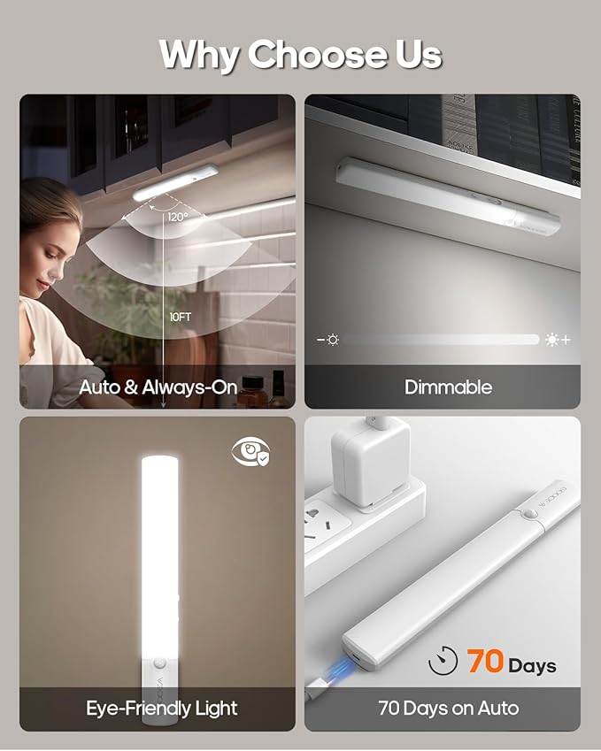 Motion Sensor Light Indoor, Rechargeable Battery Operated Under Cabinet Lighting Wireless, Closet Lights Motion Sensored Night Light,Under Counter Lights for Kitchen, Shelves, Stair