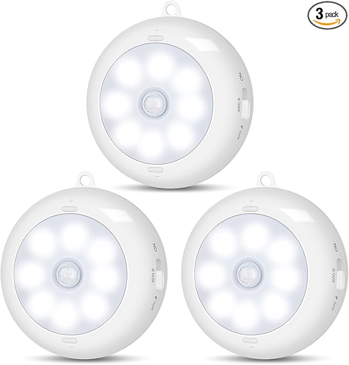 Motion Sensor Light Indoor, LED Night Light Closet Lights, Under Cabinet Lights, AA Battery Operated Stick on Wireless Puck Lights for Wall, Step, Stair, Dimmable (3 Pack)