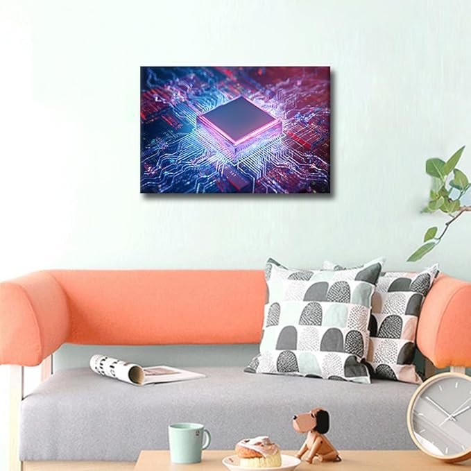TUMOVO AI Wall Art Decor Painting on Canvas Circuit Board Pictures for Home Walls CPU Concept Office Wall Art Digital Age Framed Modern Artwork for Living Room Bedroom, 24x16in