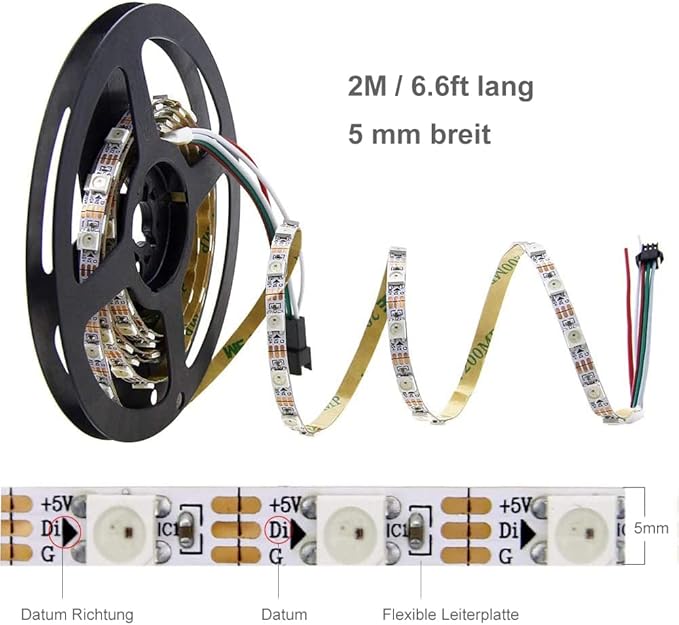 ALITOVE 5mm WS2812B Individually Addressable RGB LED Strip Light 6.6ft 120 LEDs 0.19in Super Narrow Programmable Dream Color Digital LED Pixel Tape Light 5V for Home Theater Bedroom Bar Decor Lighting