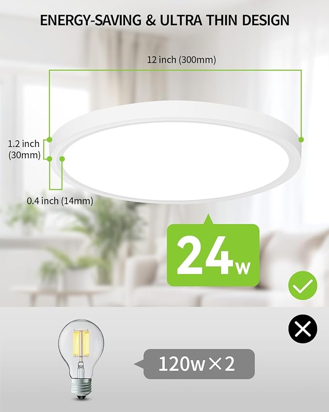 Flush Mount 12 Inch LED Ceiling Light Fixture, 24W Super Slim Ceiling Lamp with Remote, 2400LM Dimmable Brightness, 2700K-6500K Adjustable Color Temperature, for Bedroom Living Room Kitchen Office
