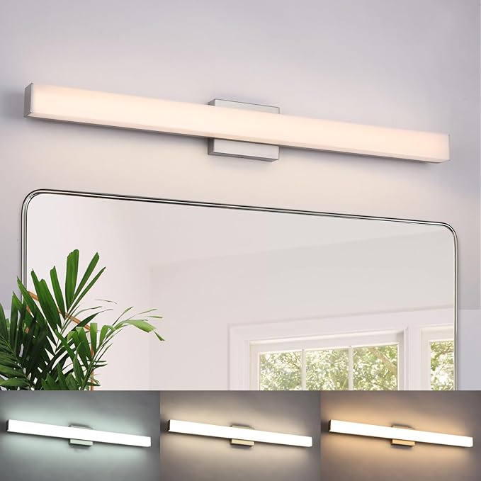 Brushed Nickel LED Vanity Light for Bathroom, 39.4-Inch 28W Anti-Fog Fixture Over Mirror, 3 Color Temp Adjustable