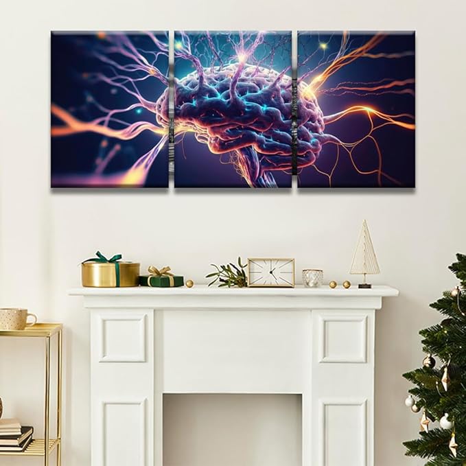 LSIUHWUWI Modern Wall Art 3 Panel Human Brain Neurons Firing Picture Prints on Canvas for Living Room Computer Room,Office Wall Decoration, Framed Ready to Hang 12x16inchx3