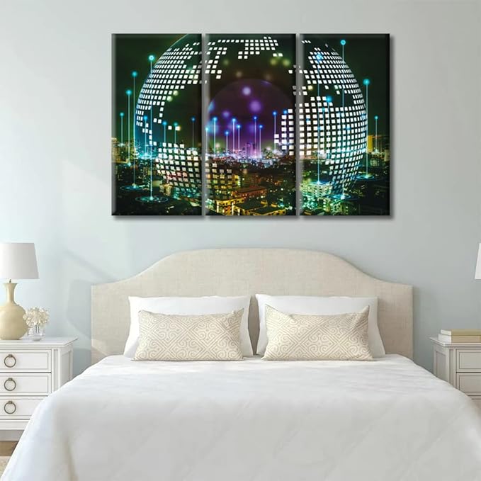 Smart City and Information Technology Abstract Canvas Wall Art Communication Technology Concept Artwork Black and White Wall Art 3 Panel Artwork for Home Walls Framed Ready to Hang (42"Wx28"H)