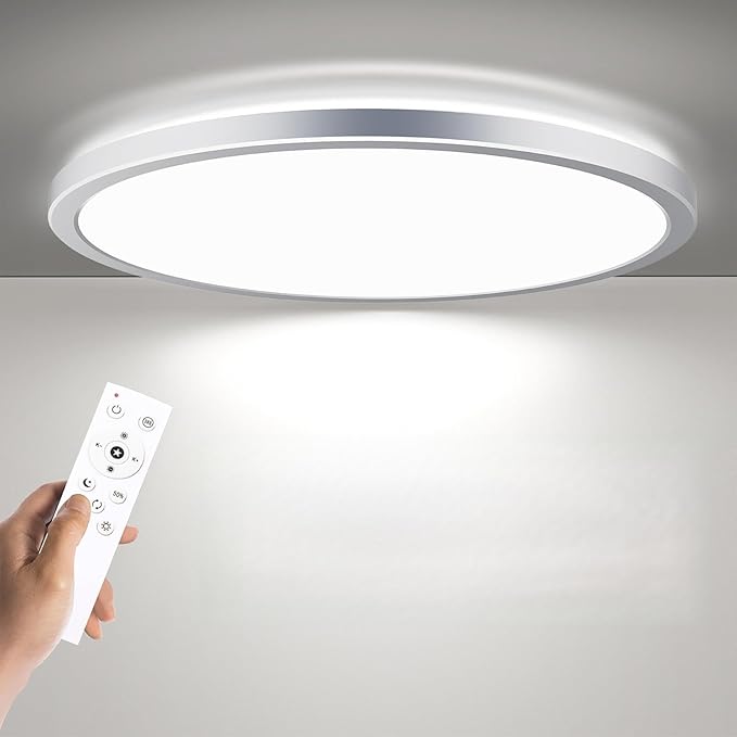 BLNAN Dimmable LED Flush Mount Ceiling Light Fixture with Remote Control, 3000K-6500K Low Profile Wired Lamp, Modern Ultra Thin Close to Ceiling Light for Bedroom Kitchen (Silver, 12Inch)