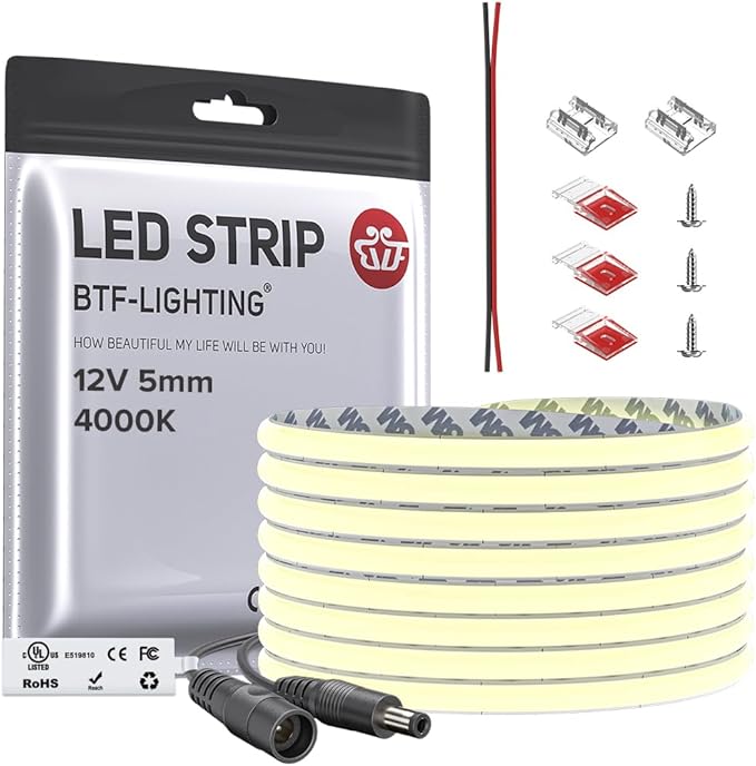 BTF-LIGHTING FCOB COB 5mm Width UL Listed Super Narrow Flexible Uniform Light LED Strip 16.4FT DC12V 4000K CRI 90+ Dimmable LED Ribbon for Kitchen Home Indoor Decoration(No Adapter or Controller)