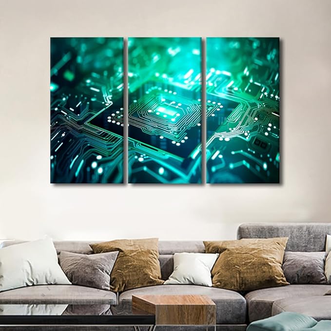 TUMOVO Semiconductor Chip Wall Art Canvas Prints Wall Art Chip Wall Decor 3 Pieces Canvas Wall Art Circuit Board Painting Room Wall Decor Modern Artwork Stretched and Framed Ready to Hang, 60" Wx40 H